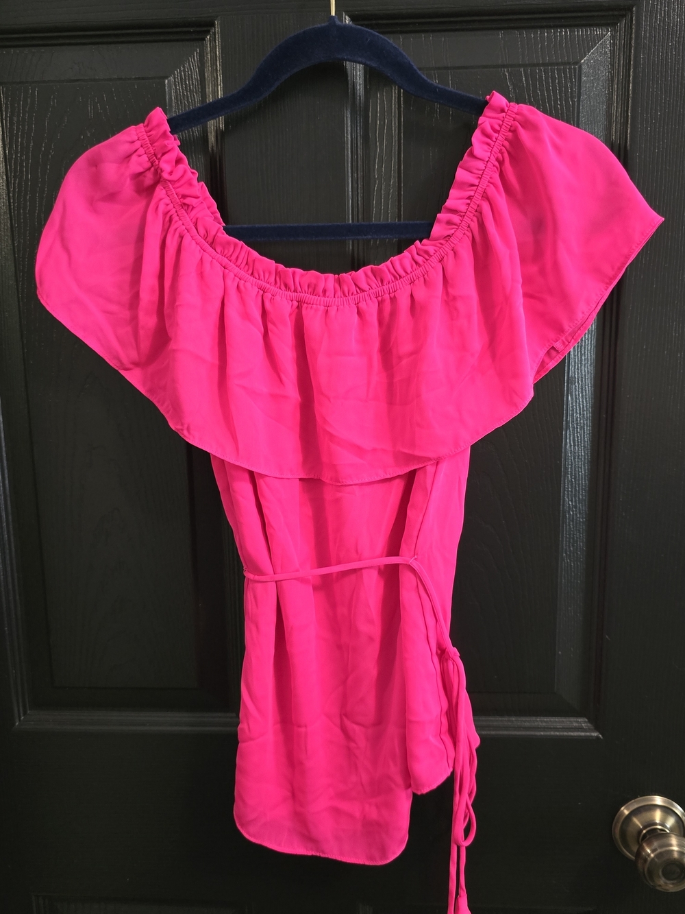 Naked Zebra Off-the-Shoulder Ruffle Tunic in Hot Pink